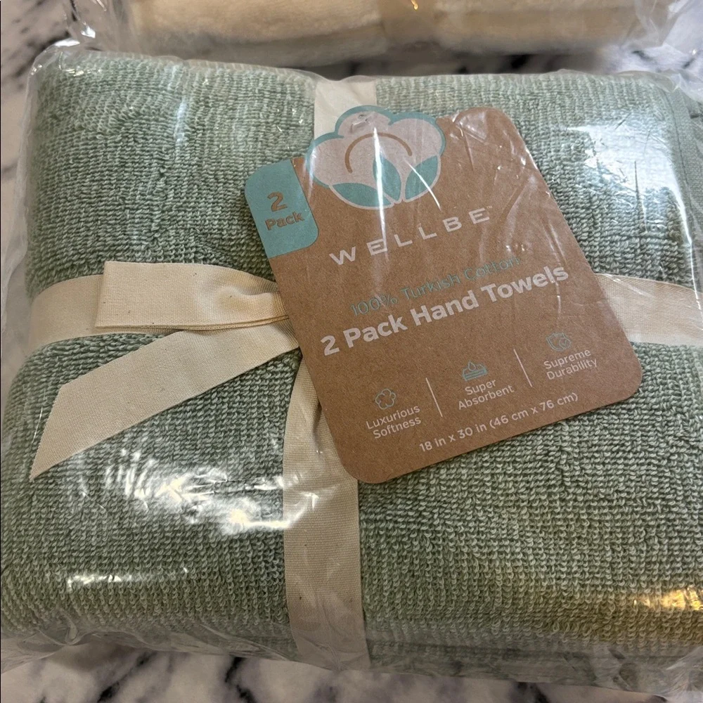 Wellness 2 Pack Hand Towels in Cream and Green( Bundle of 2 ) .